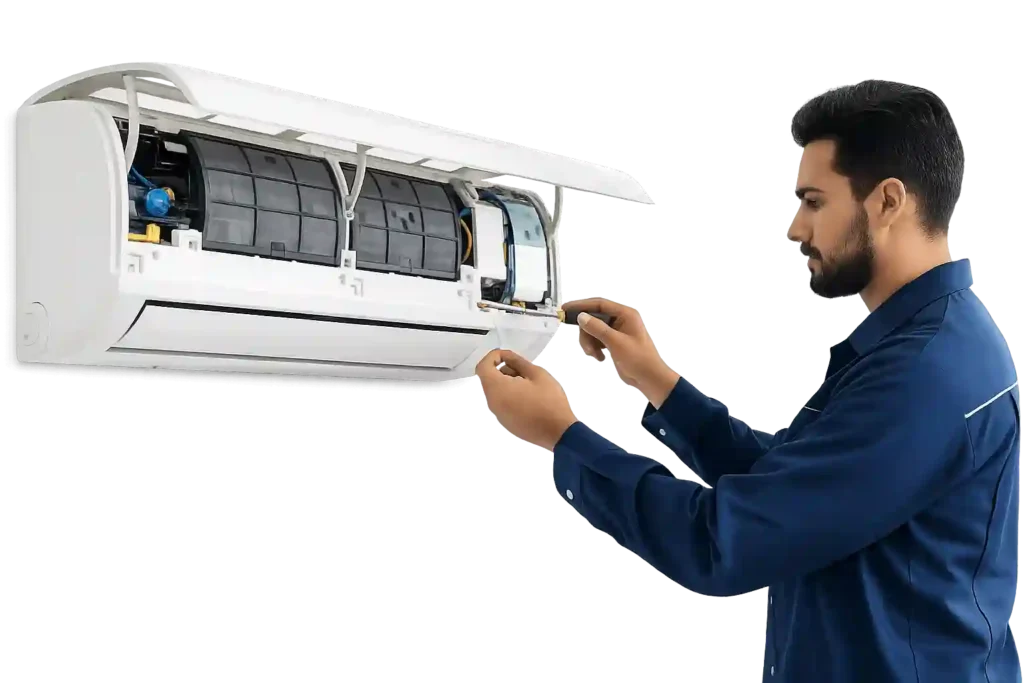 AC technician inspecting an air conditioning unit.