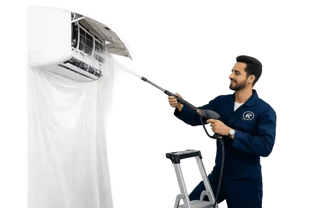 Technician performing maintenance on a split air conditioner.