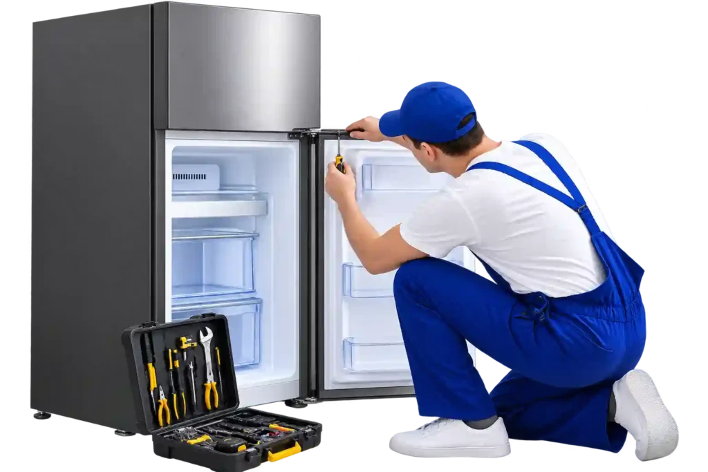 Professional technician repairing a household refrigerator.