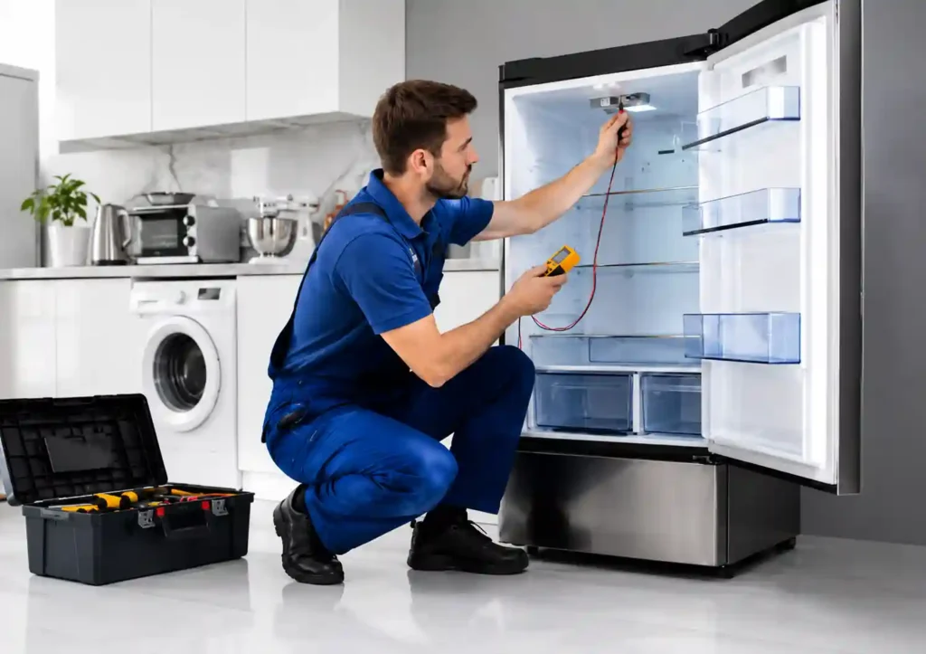 Refrigerator technician inspecting a cooling unit in Dammam.
