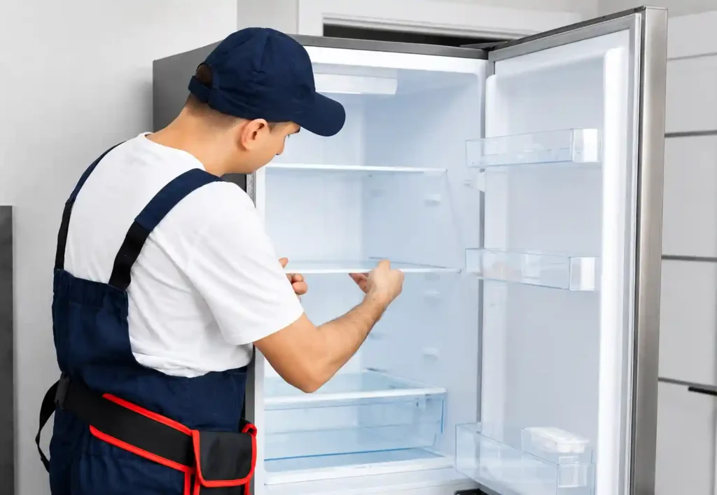 Technician checking refrigerator components and controls.