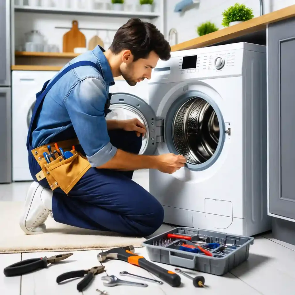 Professional technician providing Washing Machine Repair in Saudi Arabia for a front-load washing machine.