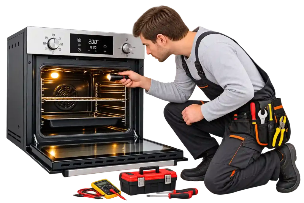Technician inspecting an electric oven during Oven Repair in Dammam.