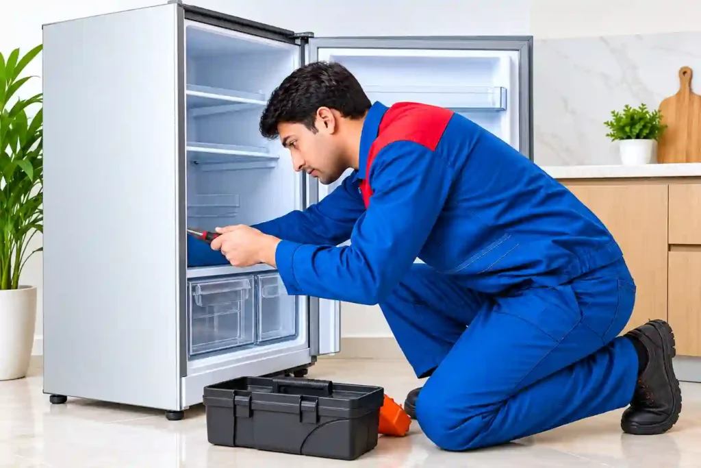 Technician repairing a refrigerator at home.