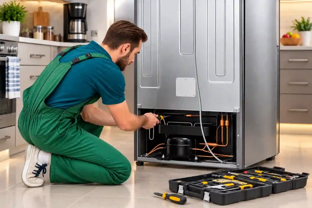 Fridge repair technician working on a refrigerator.