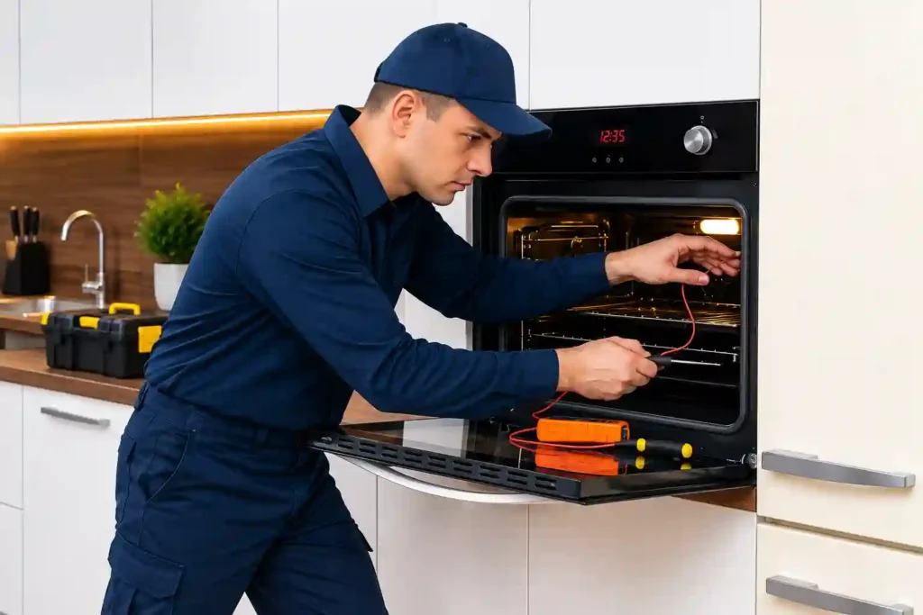 Technician working on a kitchen oven.