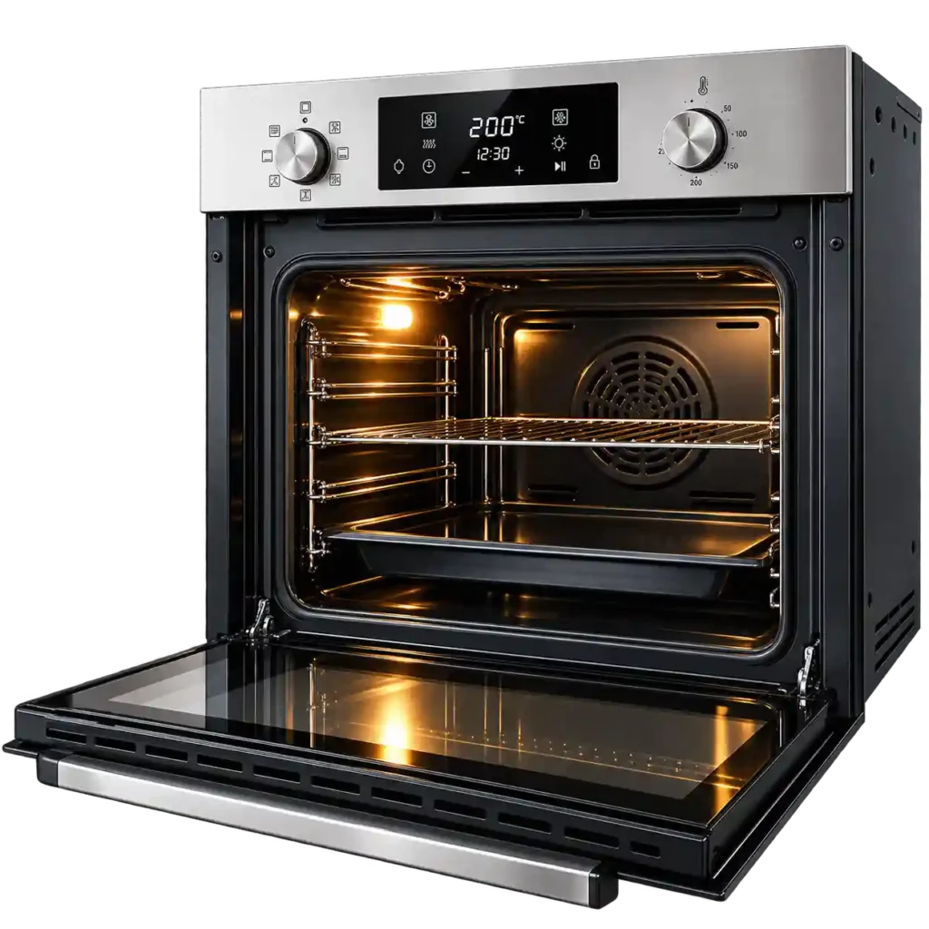Modern electric oven with open door and illuminated interior.