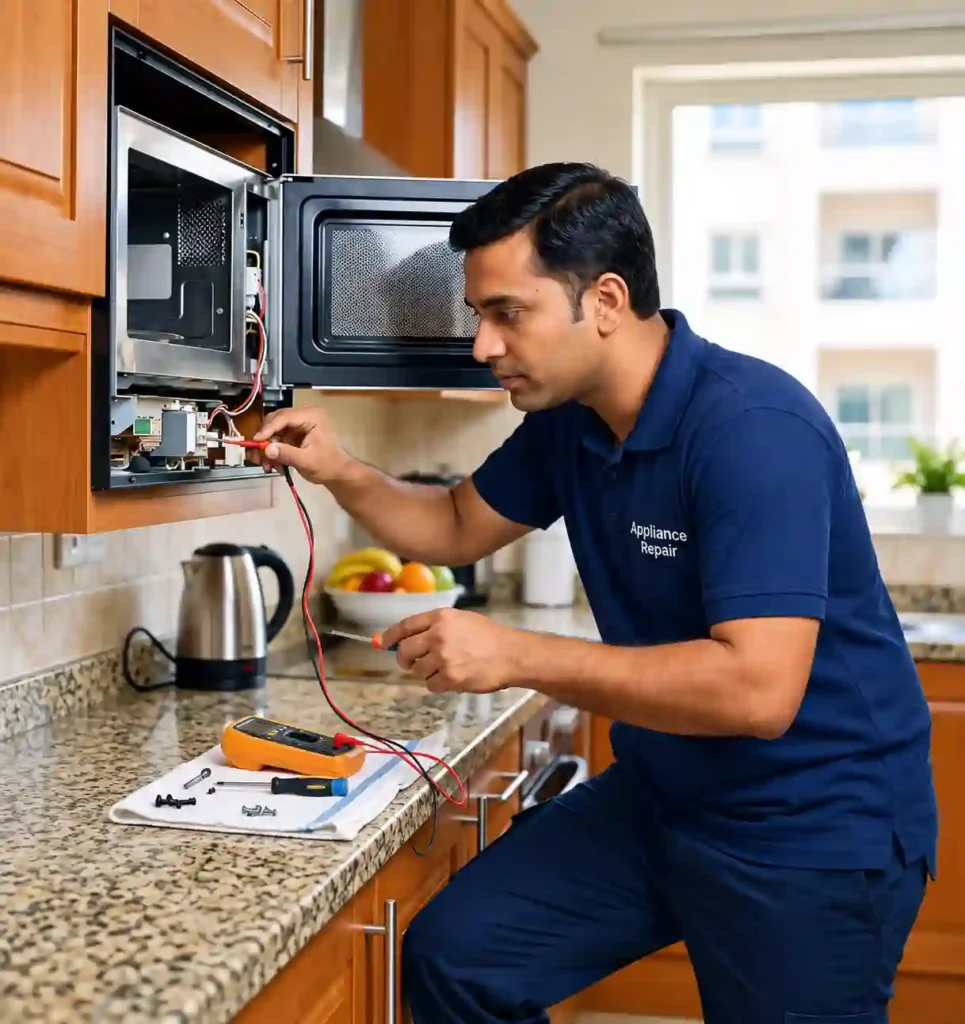 Professional technician repairing oven electrical components and wiring.