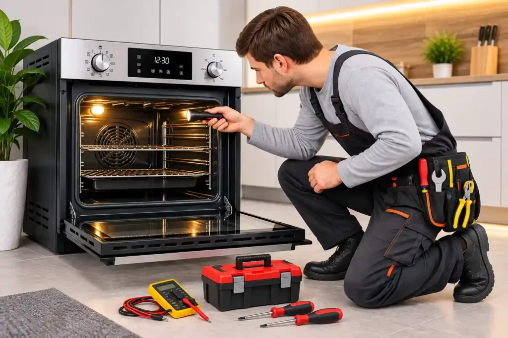 Oven Repair in Al Khobar technician repairing built-in oven.