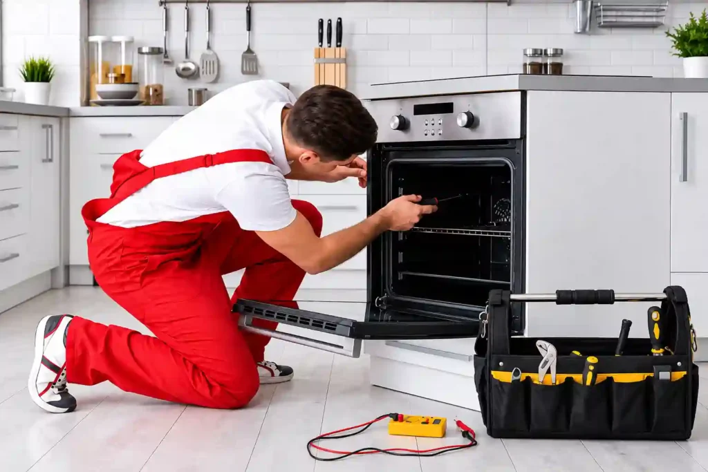 Technician repairing a kitchen oven.