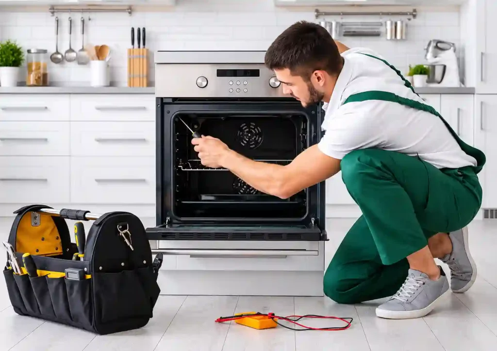 Technician providing Oven Repair in Dammam for a faulty built-in kitchen oven.