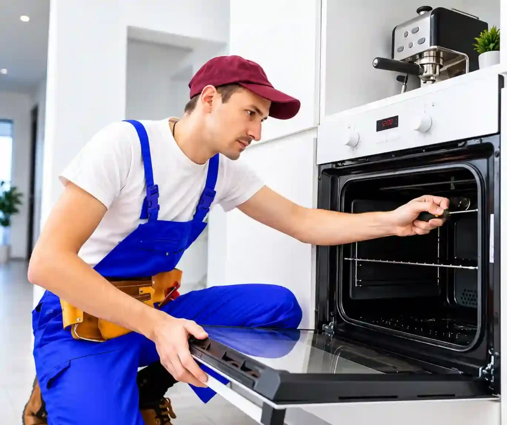 Professional technician performing kitchen oven maintenance and repair.