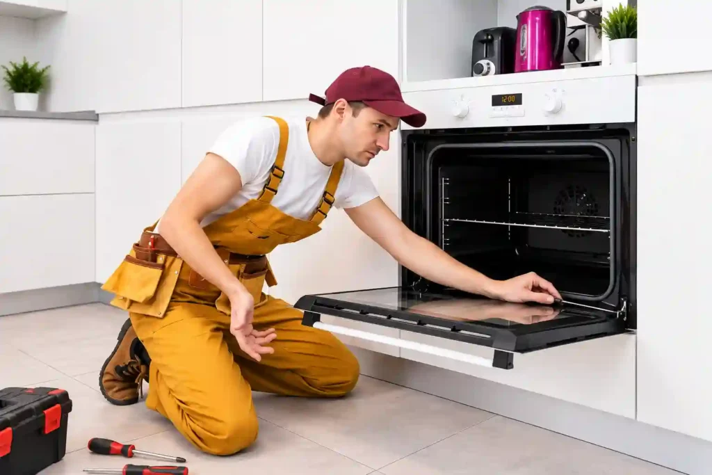 Professional technician servicing a kitchen oven.