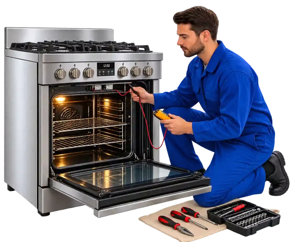 Professional technician inspecting a kitchen oven.
