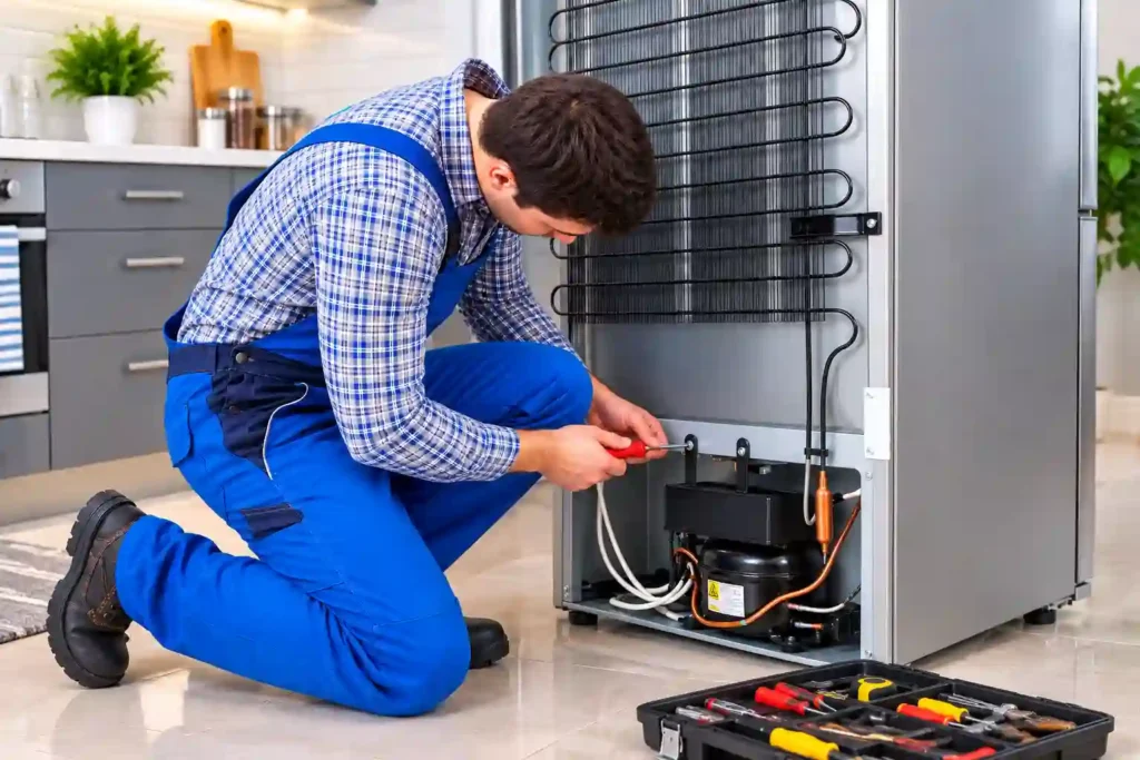 Technician repairing a refrigerator cooling system.
