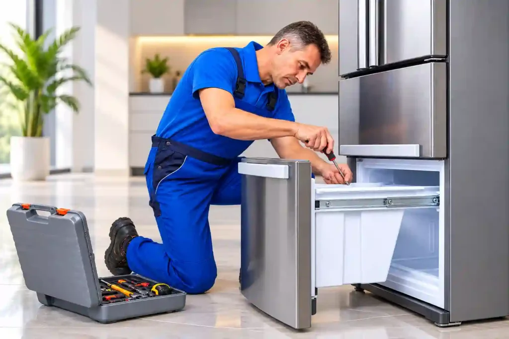 Technician repairing a refrigerator door and components.