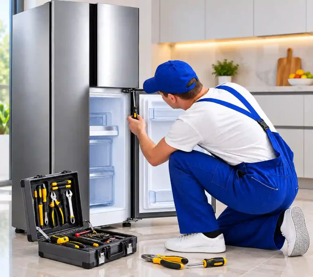 Technician performing maintenance on a refrigerator.