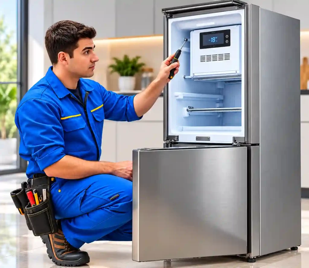 Technician servicing a refrigerator appliance.