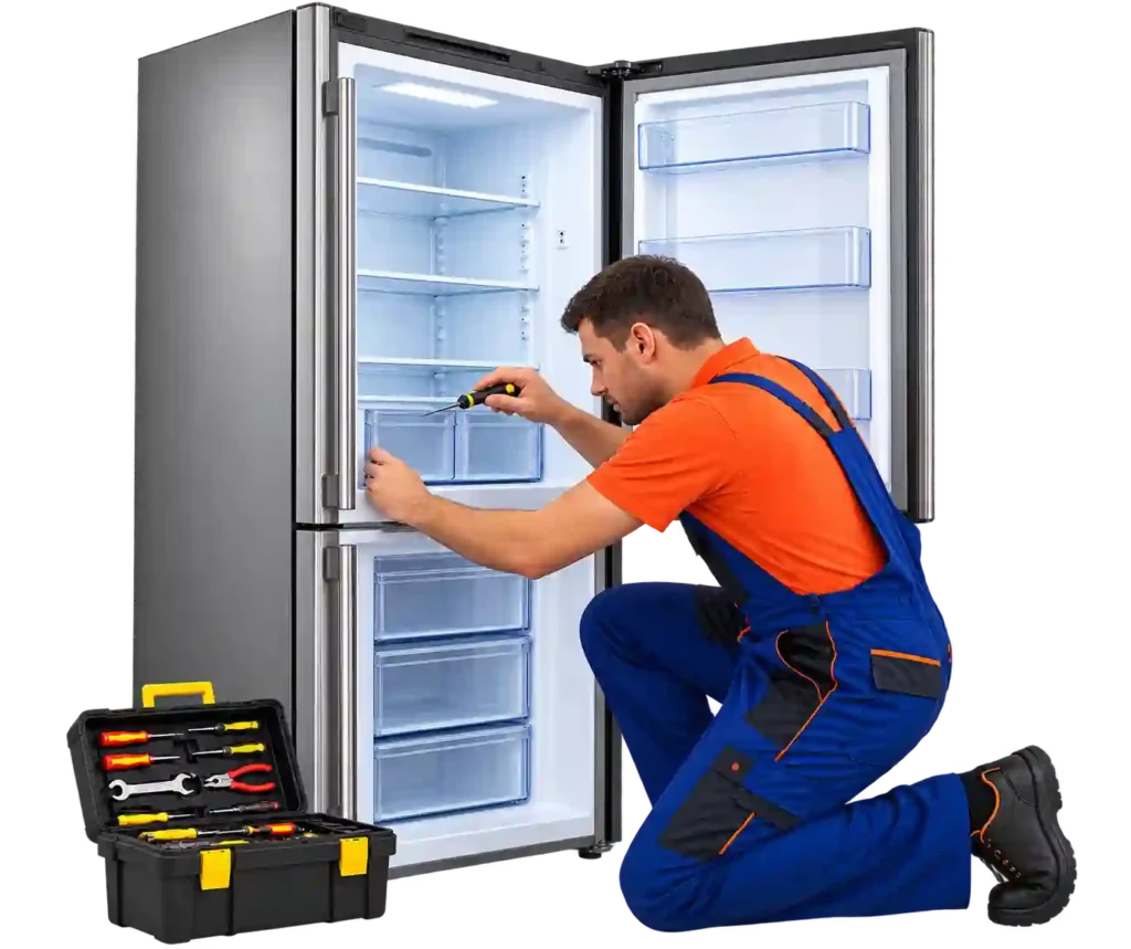 Technician inspecting an open refrigerator.